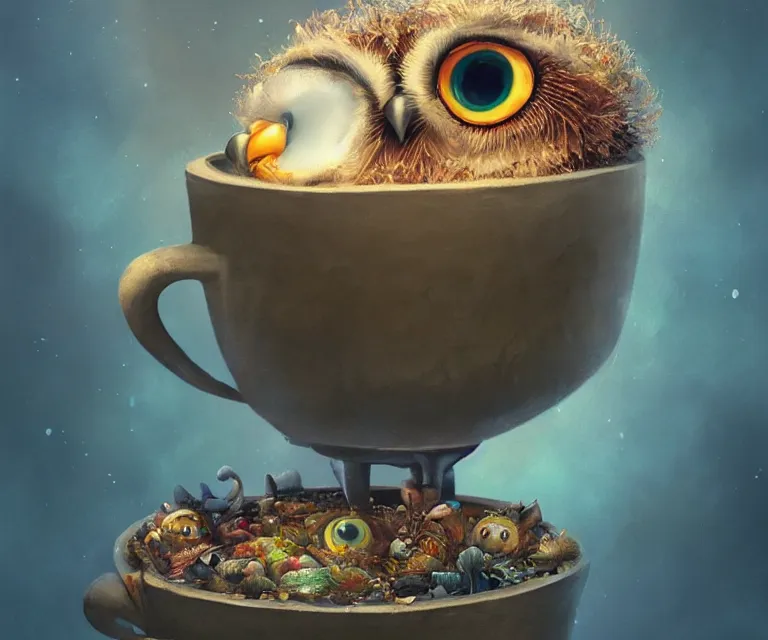 Image similar to long shot of a very cute owl chick nesting in a very futuristic cup, esao andrews, humorous illustration, hyperrealistic, big depth of field, warm colors, night scenery, low light, 3 d octane render, 4 k, conceptart, hyperdetailed, hyperrealistic, trending on artstation