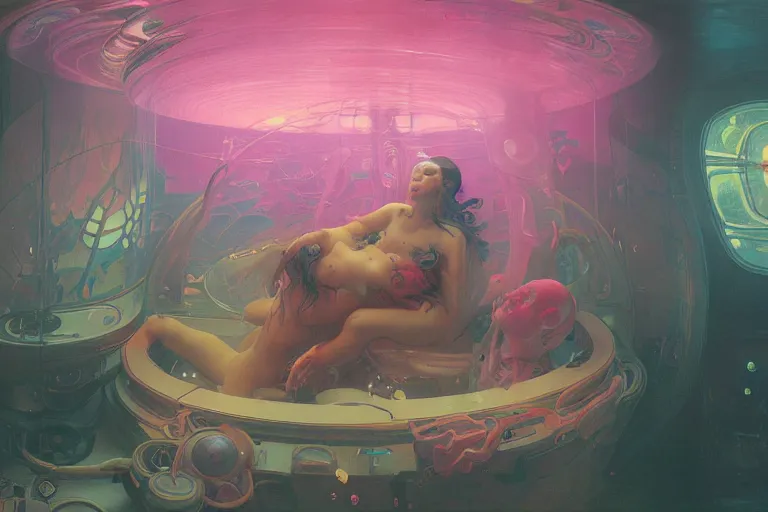 Prompt: interior of a Sensory deprivation Stomach filled with glowing pink water, Cross section, Claustrophobic, seapunk Mecha , vaporwave , digital art, artstation, by WLOP, Ilya repin, alphonse mucha., Very highly detailed 8K, octane, Digital painting, the golden ratio,