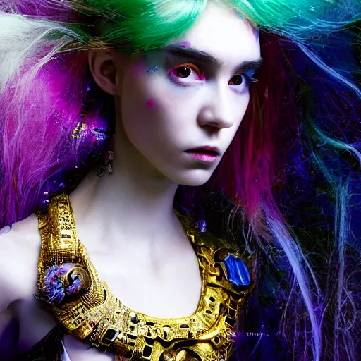 Image similar to Ethereal, mysterious stunning maximalist mesmerizing cyberpunk girl Grimes (Claire Boucher) from the rainbow sky paradise, high-tech, professional high fashion model photo shoot, hyperdetailed by Mark Ryden and artgerm and Hiroyuki-Mitsume Takahashi, 35mm macro shot, hyperrealism, 8k resolution 3D, cinematic, dynamic lighting, octane render, unreal engine 5
