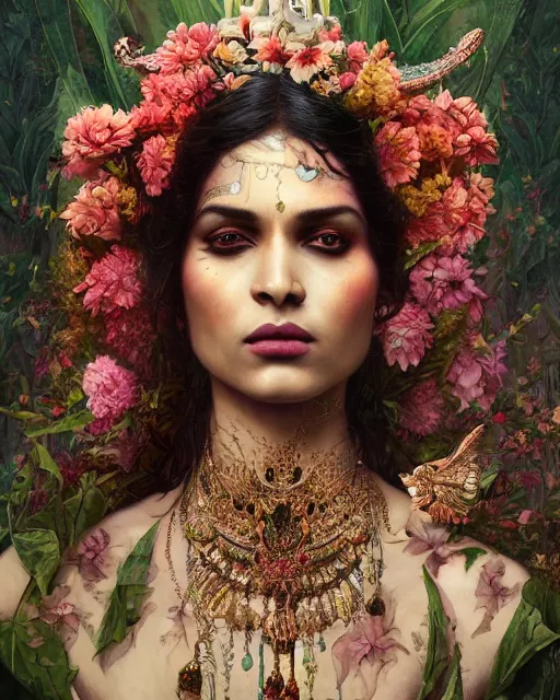 Image similar to portrait of the indian queen of the underworld, surrounded by flowers by karol bak, james jean, tom bagshaw, rococo, sharp focus, trending on artstation, cinematic lighting, hyper realism, octane render, 8 k, hyper detailed.