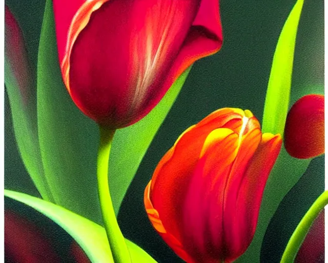 Image similar to rule of thirds intricate inside the tulip extreme closeup on a table, an ultrafine detailed painting by rafal olbinski, behance contest winner, pop surrealism, detailed painting, very detailed, minimalist, skeuomorphic, airbrush art