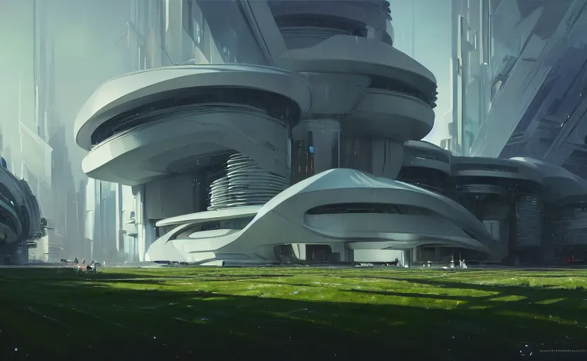 Image similar to painting of a wide angle exterior shot of a white modern futuristic cyberpunk architecture in the middle of an english garden with cinematic lighting by peter zumthor and renzo piano, darek zabrocki and greg ruthkowski, alphonse mucha, simon stalenhag and cinematic and blue cold atmospheric, archillect concept art, artstation, trending on artstation