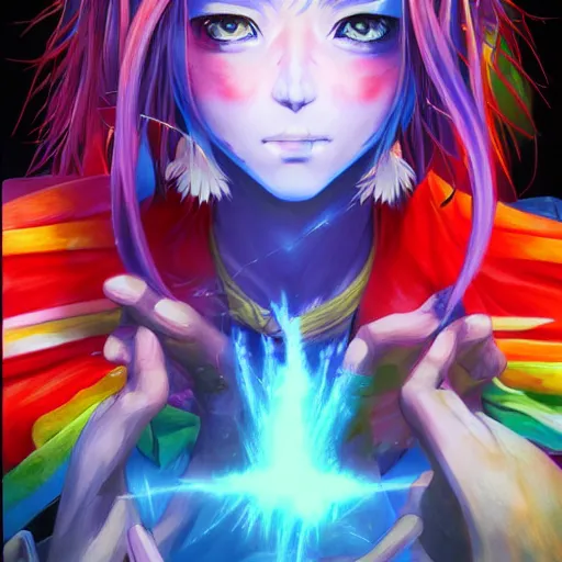 Image similar to anime portrait of a rainbow as a shaman yedi using dark force to eliminate trump as an anime antagonist by Stanley Artgerm Lau, WLOP, Rossdraws, James Jean, Andrei Riabovitchev, Marc Simonetti, and Sakimichan, trending on artstation