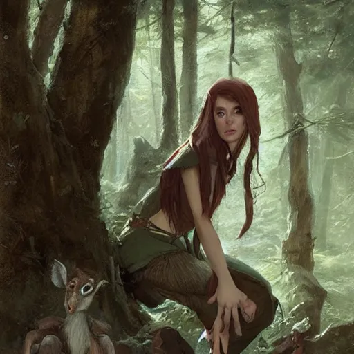 Prompt: 'portrait of a wood-elf surrounded by animals in the woods, art by Greg Rutkowski, 4k'