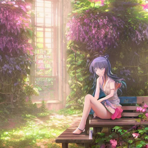 Image similar to advanced digital art. A beautiful girl is sitting on a bench reading in an abandoned train station that is overgrown with vines and flowers, Digital Anime pastel painting, Sakimichan, WLOP, RossDraws, pixivs, Makoto Shinkai. —H 2160