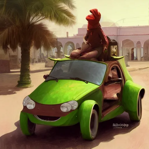 Prompt: photo of kermit driving a car, wlop, moroccan city, mosque, palm trees, redneck country, style in digital painting, concept art, smooth illustration, by ruan jia and mandy jurgens and william - adolphe bouguereau, artgerm