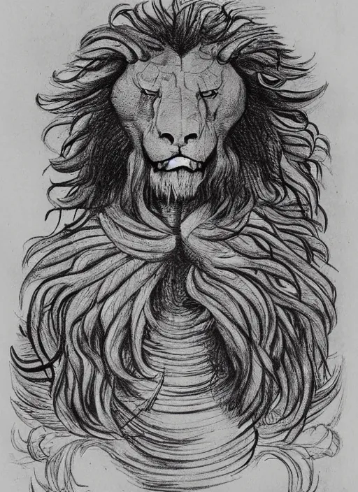 Image similar to a mighty strong creature with the body and eyes of a man, with the beak of an eagle, the mane of a lion, and the horns of an ox. drawn by da vinci