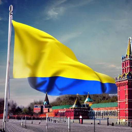 Prompt: A historic photo of Kremlin with Ukrainian flags, 4k, award-winning