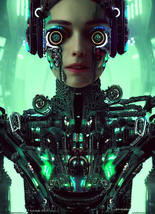 Prompt: 35mm portrait of complex, sophisticated and intricate 7 of 9 borg with eye implant, on the background of a weird magical mechanical forest. Round gears visible inside her hear. Very detailed 8k. Fantasy cyberpunk horror. Sharp. Cinematic post-processing