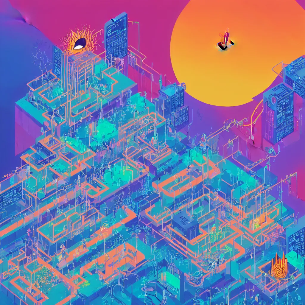 Prompt: illustration of a data-center architecture or schema, sunglass wearing security agent, spiked virus, datapipeline or river, painting by Jules Julien and Lisa Frank and Peter Mohrbacher and Alena Aenami and Dave LaChapelle muted colors with minimalism