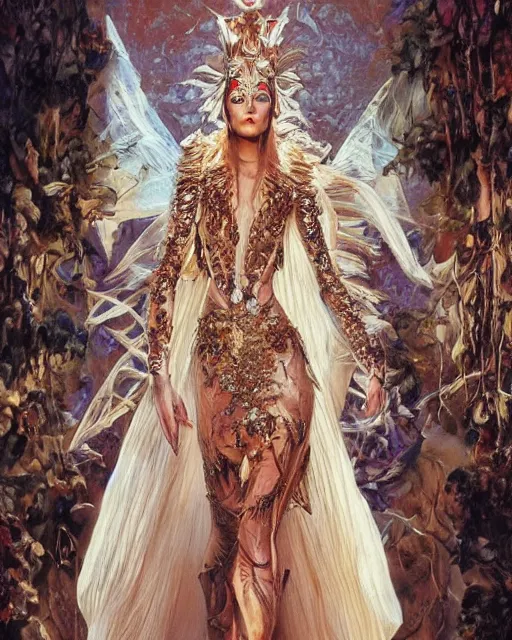 Prompt: fashion model walking down a catwalk, elaborate dress by alexander mcqueen, beautiful feminine face, art by michael whelan and chris moore and howard david johnson and tim white and dan giancola