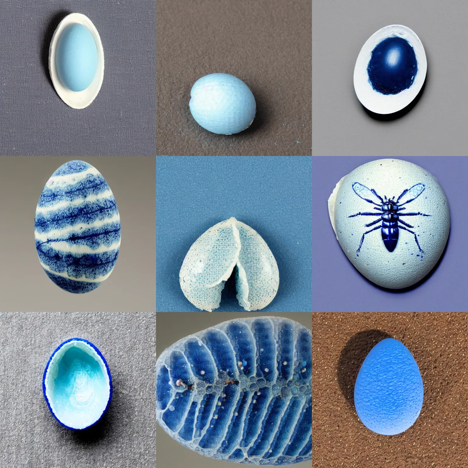 Prompt: blue and white insect egg that will hatch into a collarstone