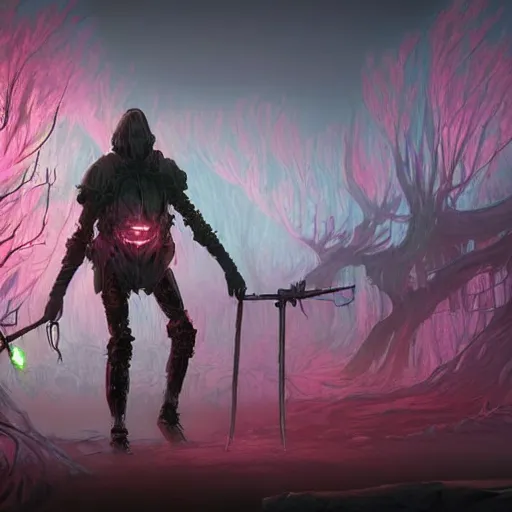 Prompt: Hunter in combat wooden giant walker exoskeleton with chrome details walks between the mystical foggy roots. by Dan Mumford and Tsutomu Nihei make game in Unreal Engine photorealism colorful finalRender iridescent fantasy concept art 8k resolution concept art ink drawing volumetric lighting bioluminescence, plasma, neon, brimming with energy, electricity, power, Colorful Sci-Fi Steampunk Biological Living, cel-shaded, depth, particles, lots of reflective surfaces, subsurface scattering