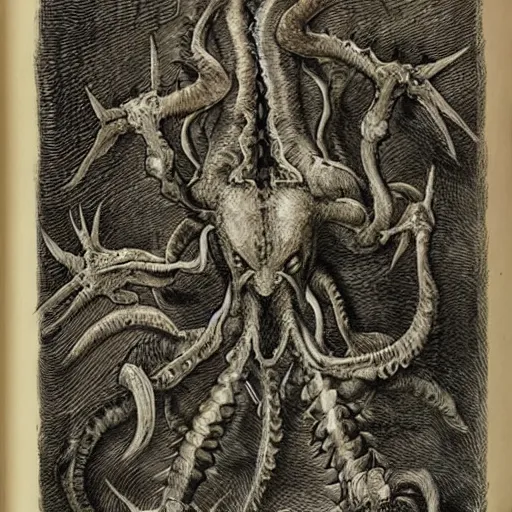 Image similar to bestiary of creatures from the depths of the unconscious psyche