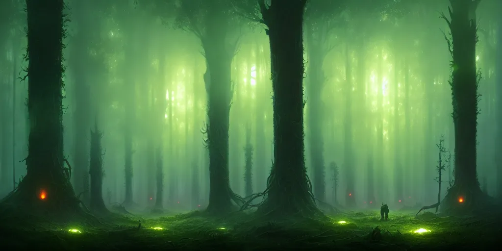 Image similar to strange alien forest, glowing fungus, misty, green glowing horizon, fireflies, ultra high definition, ultra detailed, symmetry, sci - fi, dark fantasy, by greg rutkowski and ross tran