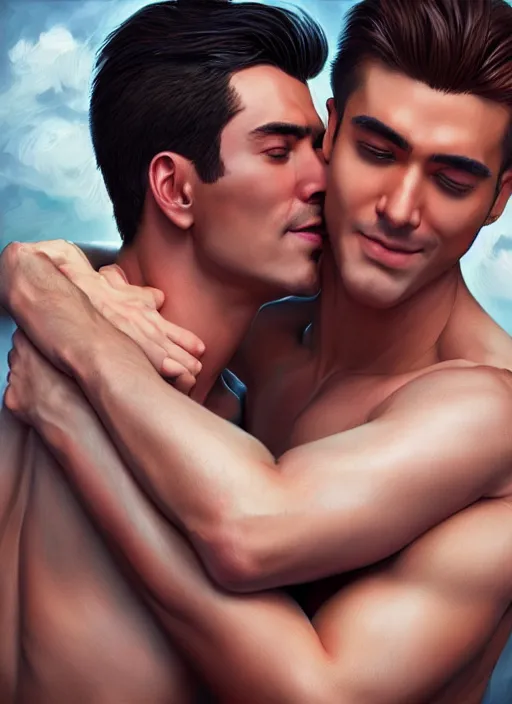 Prompt: photo of two handsome gay men hugging in the style of stefan kostic, realistic, sharp focus, 8 k high definition, insanely detailed, intricate, elegant, art by stanley lau and artgerm