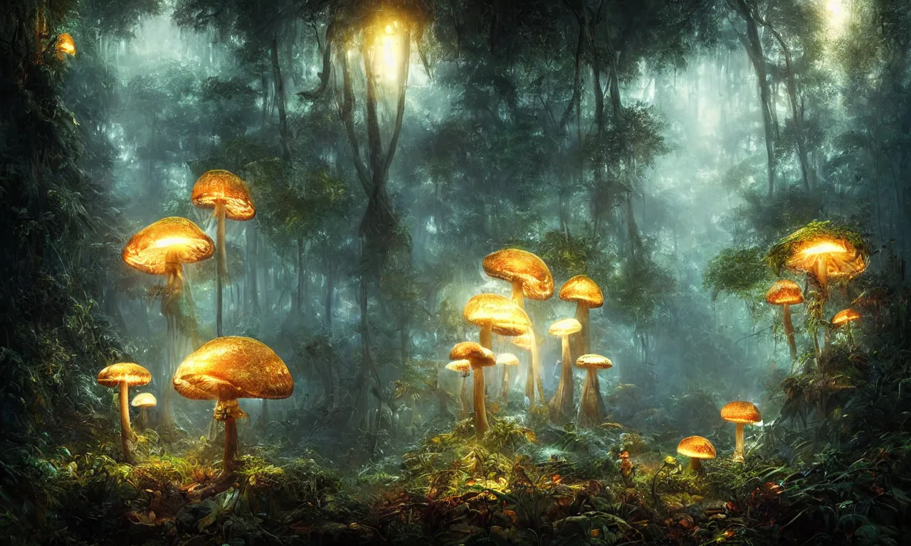 Image similar to glowing mushrooms in the jungle. andreas achenbach, artgerm, mikko lagerstedt, zack snyder, tokujin yoshioka