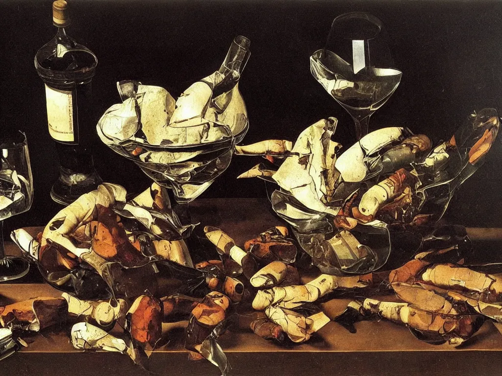 Prompt: by Michelangelo Merisi da Caravaggio Still Life with broken shattered and whole wine bottles