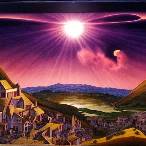 Image similar to dark solar eclipse, above a village, highly detailed, studio 4 k quality, by evelyn de morgan