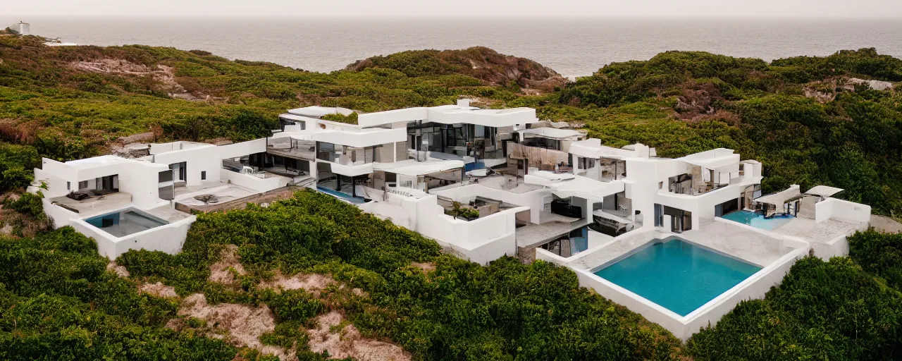 Image similar to cinematic view of beautiful modern villa on a cliff overlooking the ocean, photography