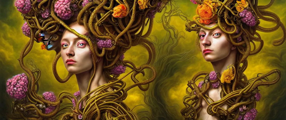 Image similar to hyperrealistic hyper detailed neo-surreal 35mm portrait of rococo cyborg medusa with multiple heads covered in flowers matte painting concept art hannah yata dali very dramatic yellow lighting low angle hd 8k sharp shallow depth of field