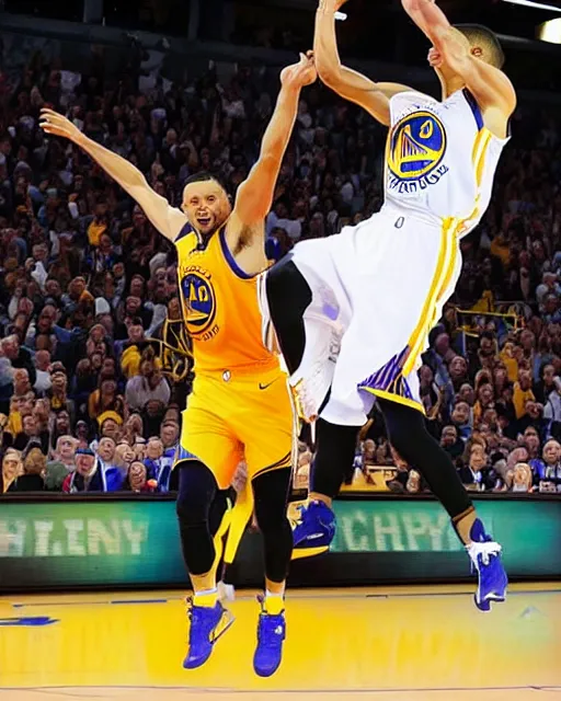 Prompt: Stephen curry dunking on shaq