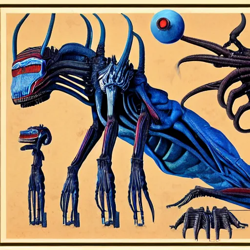 Image similar to anatomically correct diagram of alien, quadruped, h. r. giger, red and blue, 8 feet fall, monstrous, fiendish, high detail, cinematic, wes anderson