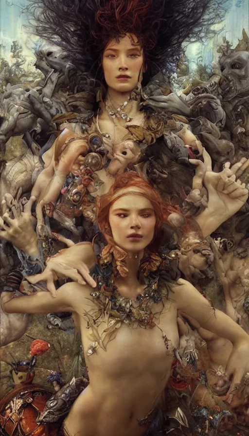 Prompt: epic masterpiece carnivale, sweaty skin, hyperrealistic, octane render, cinematic, beautiful face and flawless skin, perfect hands, 5 fingers, by Edgar Maxence and Ross Tran and Michael Whelan, Legends of Runeterra