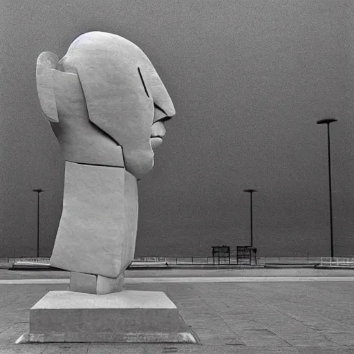 Prompt: boris johnson, henry moore sculpture, in a brutalist landscape, wide angle