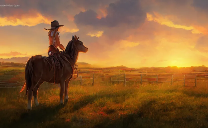 Prompt: a cowgirl watching the sunset peacefully over her farm, anime concept art, 4k