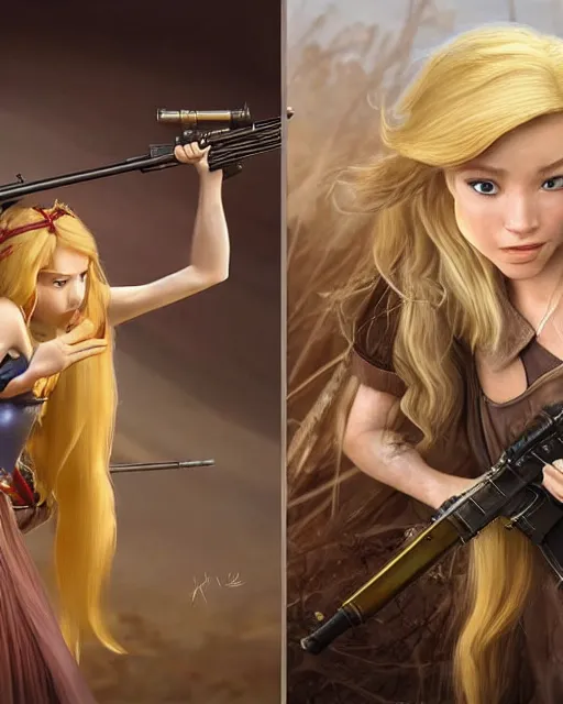 Image similar to disney princess with long blonde hair vs long barreled 9 0 sniper rifle : : weta disney pixar movie still photo : : hi - fructose, decadent highly - detailed digital painting, golden ratio, octane render, artstation, smooth, sharp focus, artgerm, mucha, loish, wlop