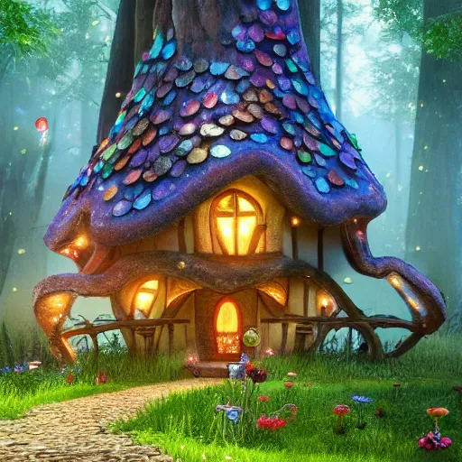 Image similar to A fairy tale toadstool-style house in magical forest, cinematic lighting, photo realistic image, 4K, super detailed, cinematic look, H 1024