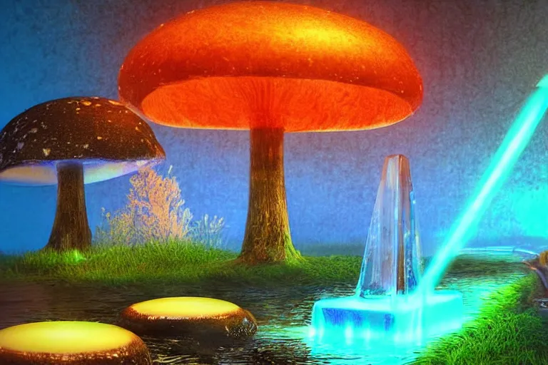 Image similar to giant glowing mushrooms next to a small bridge, flowing water, digital art, glowing crystal monolith in background, blue lighting, acrylic,