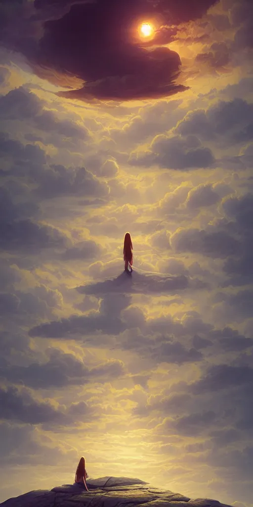 Image similar to symmetry!! surreal landscape of a dreamy girl, dreamscape, very detailed, serene, peaceful, golden hour, clouds, perfect lighting, perfect composition, digital art, illustration, artstation, artgerm, derek zabrocki, greg rutkowski, 4 k