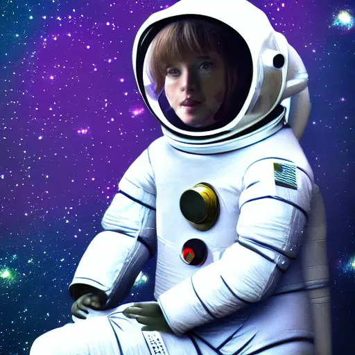 Prompt: A lonely girl lost in space wearing a space suit, sad emotional digital art