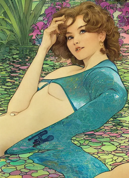 Prompt: an art nouveau copic maker illustration of a woman lying on a pool wearing an holographic kimono bikini designed by balenciaga by john berkey by stanley artgerm lau, greg rutkowski, thomas kinkade, alphonse mucha, loish, norman rockwell