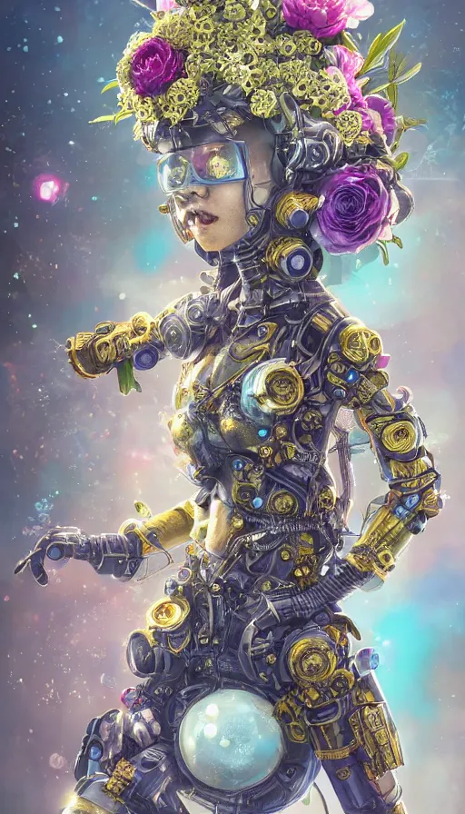 Image similar to full body head to toe portrait of a flowerpunk sci-fi cyborg ninja, third person, D&D, sci-fi fantasy, intricate, blue and gold, daisy and rose and peony, highly detailed, art by Range Murata, highly detailed, 3d, octane render, bright colors, digital painting, trending on artstation, sharp focus, illustration style of Stanley Artgerm, dramatic background