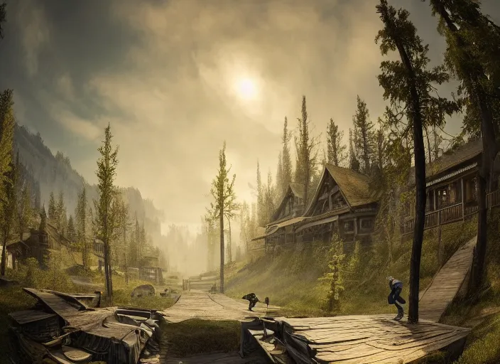 Image similar to a detailed beautiful matte painting of a skateboarder, kick flip, fantasy Riverwood village from The Elder Scrolls V: Skyrim, log homes, dirt road, trees by Mikko Lagerstedt and Raphael Lacoste, fisheye lens