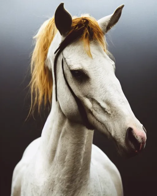 Image similar to photo of a demonic horse, with an emaciated skinny human body. it has albino skin, long shiny black hair and red glowing eyes, it is wearing a long black silk nightgown, moody, foggy and atmospheric, golden hour, soft focus, horror