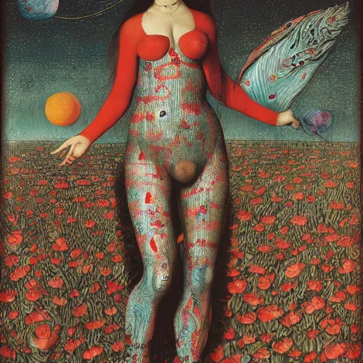 Prompt: a wide landscape with a tattood alien girl with fish scales and feathers swimming with flowers while the stars shine above by jan van eyck, ernst fuchs, nicholas kalmakoff, joep hommerson, character, full body, catsuit, max ernst, hans holbein, lace