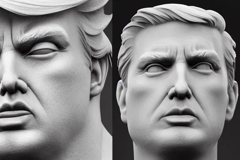 Image similar to ultra - fine detailed photograph of donald trump marble sculpture face, octane render, volumetric lighting, award - winning, perfection, ambitious, featured on artstation, by greg rutkowski, ambient occlusion, hyper - realism, 4 k hd, qled,