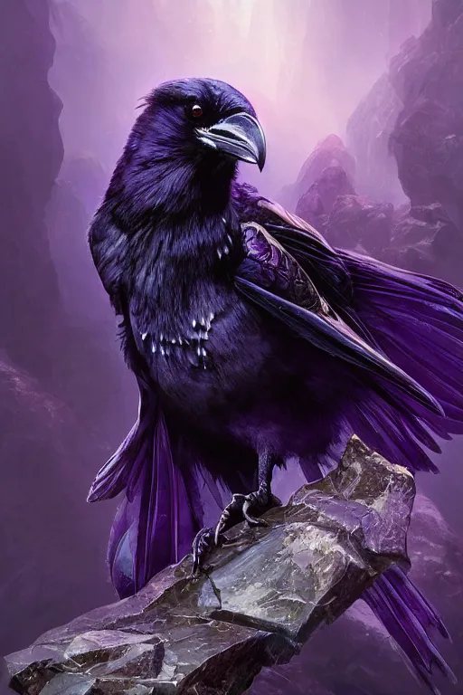 Image similar to portrait of a beautiful one raven perched on purple crystals that are glowing in a misty valley, establishing shot, extremly high detail, foto realistic, cinematic lighting, by yoshitaka amano, ruan jia, kentaro miura, artgerm, post processed, concept art, artstation, raphael lacoste, alex ross