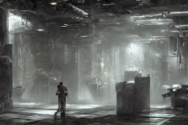 Image similar to volumetric coherent gloomy colossal ruined server room in datacenter by eddie mendoza blender robot figure automata headless drone robot knight welder posing pacing fixing soldering mono sharp focus, emitting diodes, smoke, artillery, sparks, racks, system unit, motherboard, by rutkowski artstation hyperrealism cinematic dramatic painting concept art of detailed character design matte painting