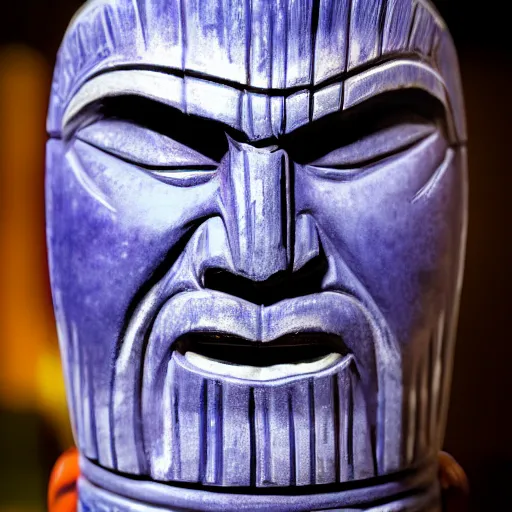 Image similar to a closeup photorealistic photograph of a thanos style tiki mug sitting at a trader vic's beach bar featuring the face of thanos. tiki party. bright scene. fine detail. this 4 k hd image is trending on artstation, featured on behance, well - rendered, extra crisp, features intricate detail, epic composition and the style of unreal engine.