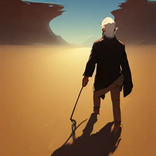 Image similar to commission of a young man with gray hair,a stylish beard,walking through a desert with a glowing stick,digital art,art by greg rutkowski,trevor henderson,rossdraws,character design,concept art,western comic style,sharp lines,photorealiatic,hyperdetailed,detailed face,high quality,professional lighting,dramatic