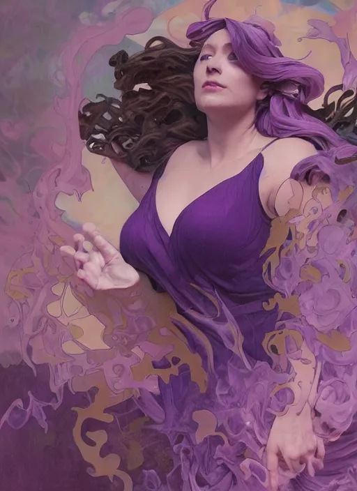 Image similar to madam mim, purple smoke aura in motion, floating pieces, painted art by tsuyoshi nagano, greg rutkowski, artgerm, alphonse mucha, spike painting