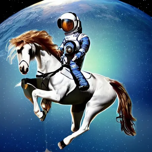 Image similar to a horse above a man in space suit, horse riding astronaut, space background, art