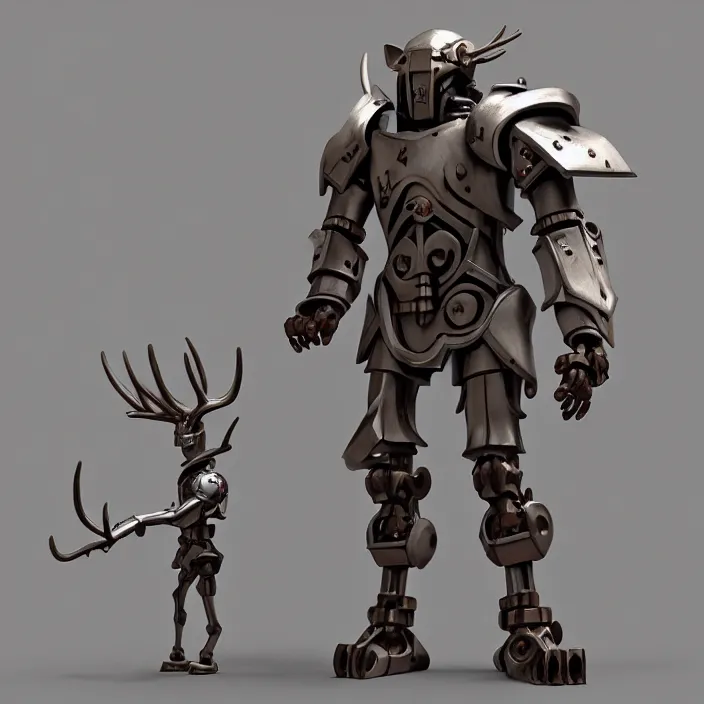 Image similar to warforged druid male anime character, wolf armor, wolf pack, a pack of wolves, wooden antlers, made of wood, made of metal, large robot, wolves, knight, medieval castle, wolf pack following, 3 d render beeple, realistic detailed octane render, pop up parade figure