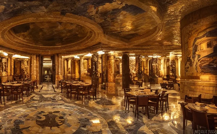 Prompt: interior of an atlantis themed restaurant, ancient greek style, mosaics, pillars, marble, golden details, tables, atmospheric lighting