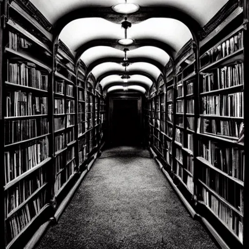 Image similar to a gloomy shadowy midnight crypt room full of darkness with bookshelves. contrast:5, brightness:0